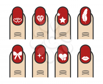 Manicure with nail art vector icons set. Collection of woman fingers with manicure illustration