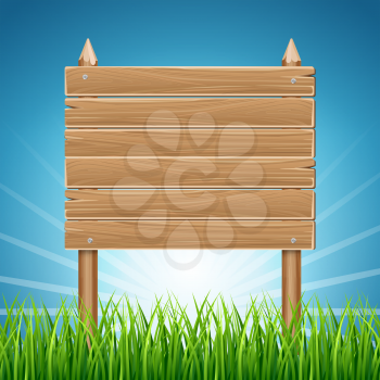 Wooden blank sign board in green grass blue sky. Wood board, vector illustration