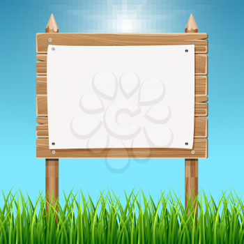 Wooden blank sign board with paper blue sky. Billboard with empty poster illustration
