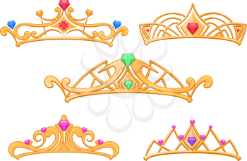 Vector princess crowns, tiaras with gems cartoon set. Luxury royal crown with precious stone, illustration of fashion golden crowns