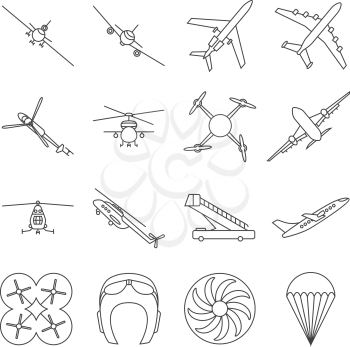Aviation thin line vector icons set. Airplane in linear style, illustration of aviation transport airplanes and helicopter