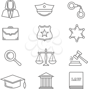Criminal police law and justice vector thin line icons. Handcuff and scale in linear style, court and gavel illustration
