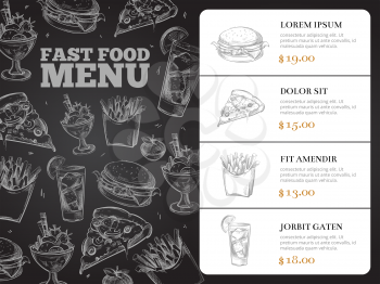 Restaurant brochure vector menu design with hand-drawn fast food. Burger lunch and breakfast, sandwich and pizza illustration