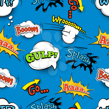 Vintage comic shout vector seamless pattern. Speech bubble with word and illustration of explosion