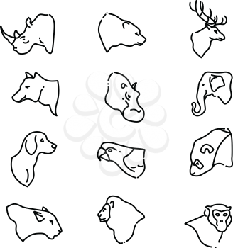 Animal heads vector thin line flat icons. Set of animal deer bear and lion. Illustration linear head animals