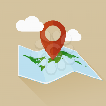 Location flat vector icon with travel map and pin. Vector map illustration