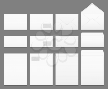 Blank white paper envelopes vector templates set. Example packing letter for business illustration