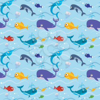 Funny kids fish in water seamless vector background. Underwater colored pattern with whale illustration