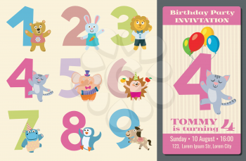 Kids birthday anniversary numbers with cartoon animals and birthday party invitation card vector illustration
