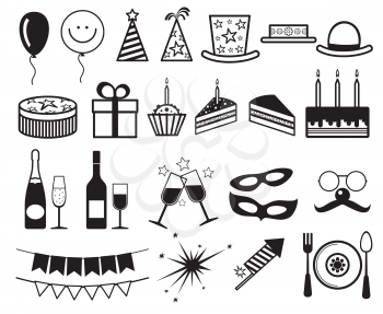 Celebration, party vector icons. Champagne and cake for party, illustration gift and party elements
