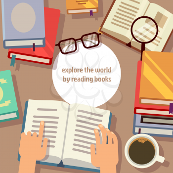 Books reading vector concept. Book for education and illustration work place with books and coffee