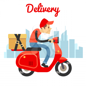 Delivery courier ride scooter motorcycle. Food delivery design. Vector illustration