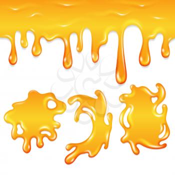 Honey blots and drops vector set. Sweet honey splashing, liquid fresh honey illustration