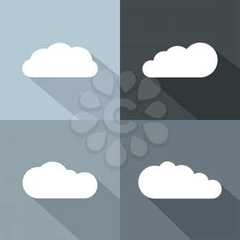White cloud icons with long shadow. Flat cloud for emblem weather. Vector illustration