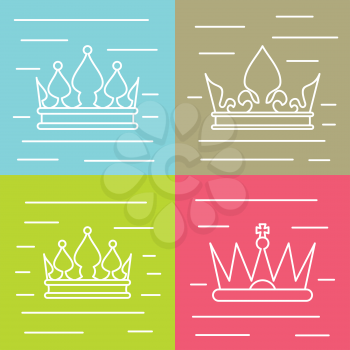 White line crown icons on color background. Linear crown for queen, vector illustration