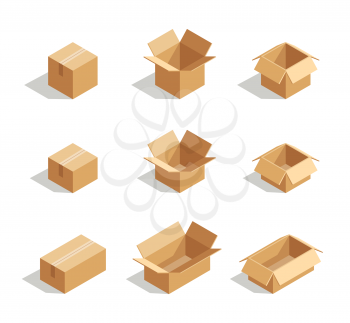 Open boxes set 3d isometric. Package element for delivery, vector illustration