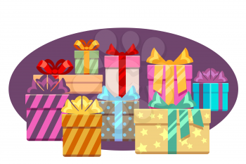 Heap of gift boxes with ribbon bows isolated over white. Heap box for christmas, vector illustration