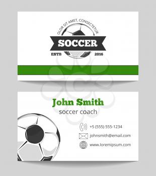 Soccer club business card template in green and white colors. Sport ball for game. Vector illustration