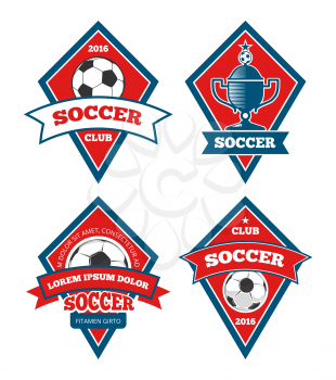 Soccer logo templates collection isolated white. Set of emblem for football tournament, vector illustration