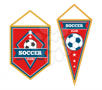 A pair of soccer pennants isolated over white. Soccer tournament and football flag, vector illustration