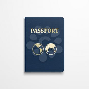 Passport with gold globe earth emblem on cover. Passport document for identification, isolated passport with sign earth. Vector illustration