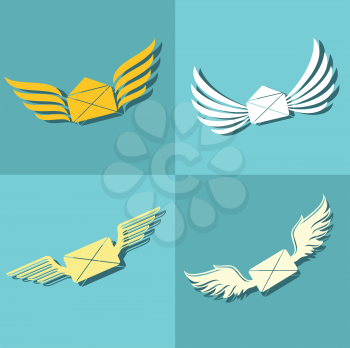 Mail with wings icons on blue background. Delivery message in envelope. Vector illustration