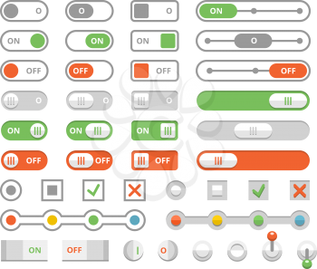 On and off toggle switches, elements of user interface vector. Set of slider and button illustration