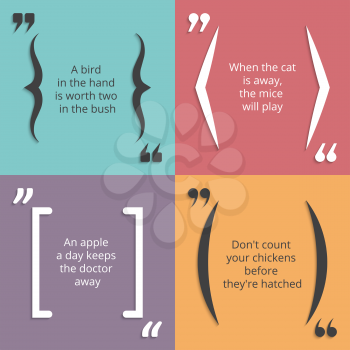Quotes in round brackets, square braces with quotation marks for isolated text. Vector illustration
