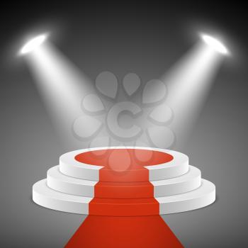 Spotlights illuminate stage pedestal with red carpet. Pedestal for award ceremony. Illustration empty pedestal stage vector