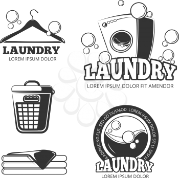Clean laundry washing vintage vector labels, emblems, logos, badges set. Wash machine and bucket for dirty clothes illustation