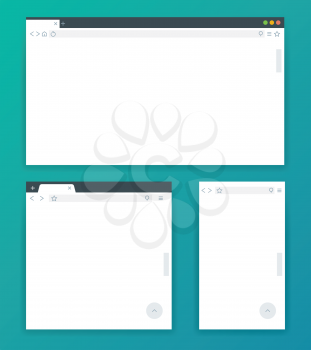 Blank browser windows for devices of computer, tablet, and phone. Templates for adaptive responsive web design. Vector illustration