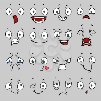 Comic cartoon faces with different emotions. Faces Characters happy or sad, emotion faces cheerful and angry. Vector illustration