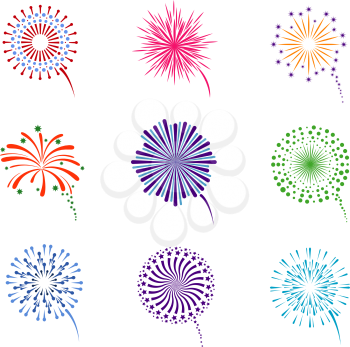 Fireworks display vector set. Pyrotechnics for event celebration new year illustration