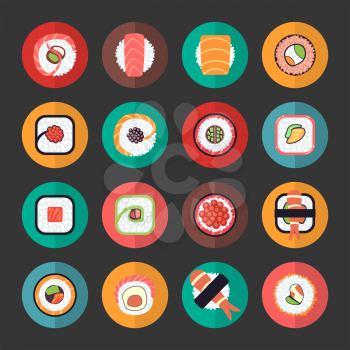 Japanese food sushi icons vector illustration set. Seafood menu design