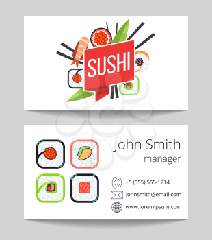 Japanese sushi bar business card both sides vector template illustration