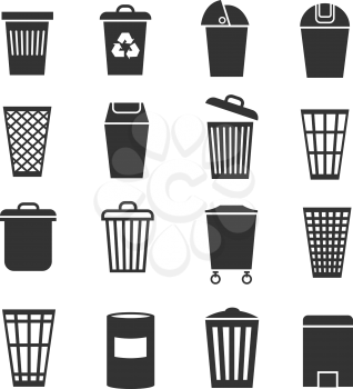 Trash can, waste basket, trash bin, garbage vector icons. Dustbin and container, trashcan bucket illustration
