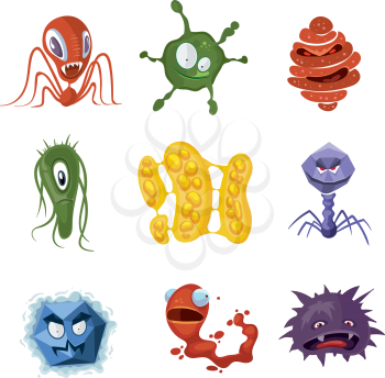 Bacteria virus germs cartoon vector characters, flu and aids microbes. Micro funny organism monster illustration