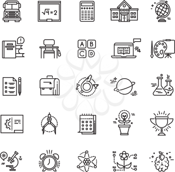 Education, school, science, learning thin line vector icons. Training in college, teaching chemistry illustration