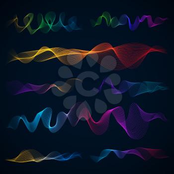 Luminous 3d sound waves, energy effect vector set. Equalizer colored effect illustration
