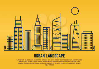 Urban landscape in line vector style. Building architecture linear illustration