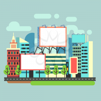 Urban empty advertisement billboards in flat city vector illustration. Banner for promotion advertise