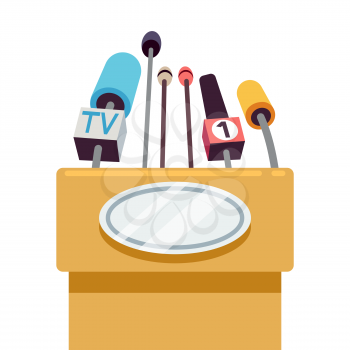 Tribune with microphones for conference and speech to public. Vector illustration
