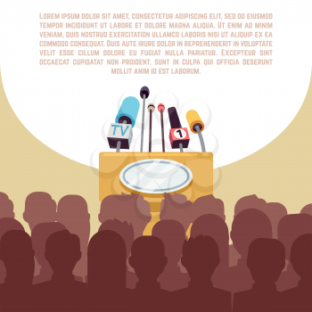 Rostrum, tribune with microphones in spotlight on stage vector illustration. Political conference banner, reportage and briefing