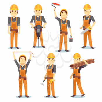 Construction engineering industrial workers working with building tools and equipment vector people character set. Architect and foreman, carpenter and repairman illustration