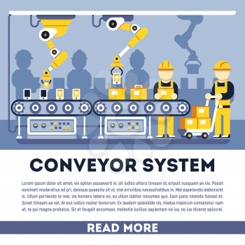 Conveyor system with manipulators vector flat concept. Process production illustration