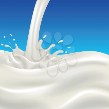 Milk flow and milk splash on blue background. Healthy drink liquid, fresh cream. Vector illustration