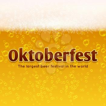 Oktoberfest beer festival vector poster with beer, bubbles and foam background. Banner event with beverage ale backdrop illustration