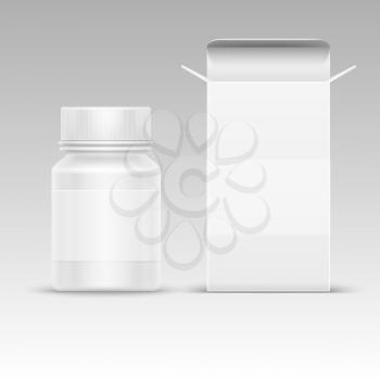 Medical blank packaging paper box and medicine plastic bottle for pills isolated on white vector illustration. Mockup of container for tablet and drug