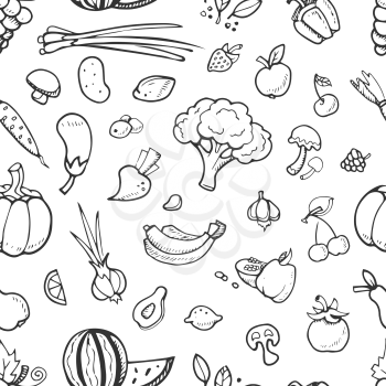 Fruit and vegetable, vegan food doodle, sketch vector seamless background with mushroom and garlic, pumpkin and avocado illustration