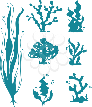 Underwater sea corals and algae vector silhouettes isolated on white. Ocean coral and reef, seaweed undersea. illustration of corals organism